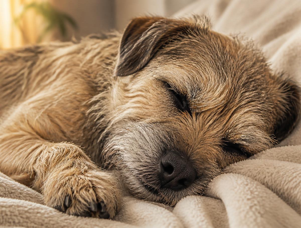 Small terrier sleeping peacefully on a soft cream blanket
